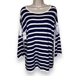 Lane Bryant Blue White Stripe Lace Applique Long Drop Sleeve Sweater Women 14 16